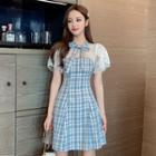 Lace Panel Plaid Short-sleeve Mini A-line Dress