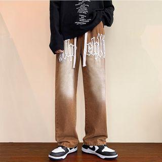 Lettering Loose Fit Washed Jeans