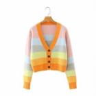 Striped V-neck Cardigan Pink & Blue & Yellow - One Size