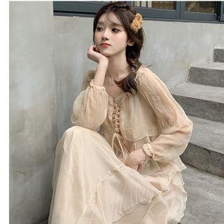 Spaghetti Strap Ruffled A-line Midi Dress / Lace-up Light Jacket