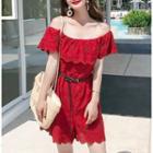 Short-sleeve Off Shoulder Perforated Playsuit