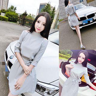 Cutout Shoulder Elbow-sleeve Dress
