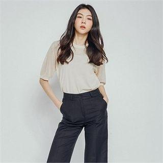 Elbow-sleeve Sheer-yoke Knit Top