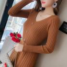 Long-sleeve Midi Ribbed Knit Dress