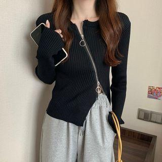 Asymmetrical Zip Slit Long-sleeve Knit Top