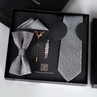 Set: Plain Neck Tie + Bow Tie + Pocket Square + Deer Lapel Pin + Tie Clip