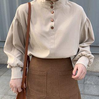 Mock-neck Single-breasted Plain Blouse
