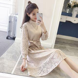 Mock-turtleneck Gathered-waist A-line Plain Lace Long Dress