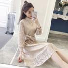 Mock-turtleneck Gathered-waist A-line Plain Lace Long Dress