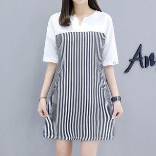 Striped Panel Elbow Sleeve Dress