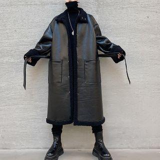 Plain Faux Leather Fleece-lined Coat