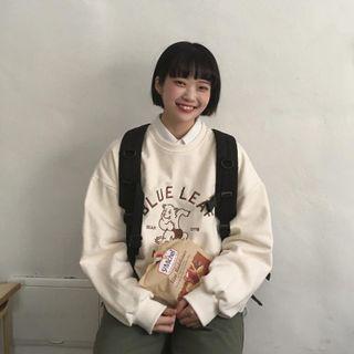 Bear Embroidered Pullover Fleece Lining - White - One Size