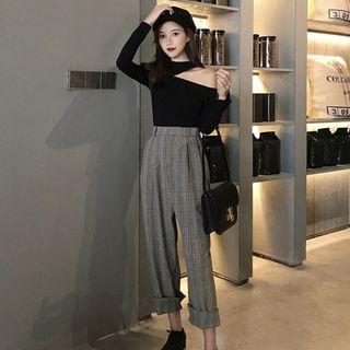 Long-sleeve Cut Out Top/ Plaid Wide-leg Pants