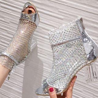 Rhinestone Open-toe Chunky-heel Ankle Boots