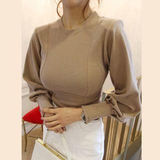 Puff-sleeve Plain T-shirt Coffee - One Size