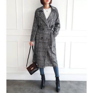 Double-breasted Checked Coat With Sash Black - One Size