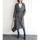Double-breasted Checked Coat With Sash Black - One Size