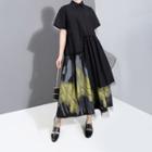 Printed Panel Short-sleeve A-line Dress Black - One Size
