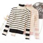 Turtleneck Striped Long-sleeve Knit Top Pink - One Size