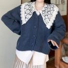 V-neck Cardigan / Lace Collared Blouse