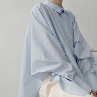 Long-sleeve Plain Shirt Sky Blue - One Size