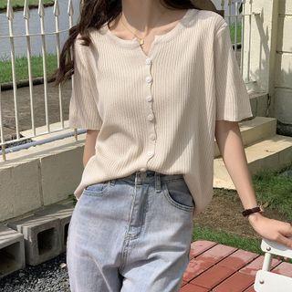 V-neck Plain Striped Button-up Cardigan