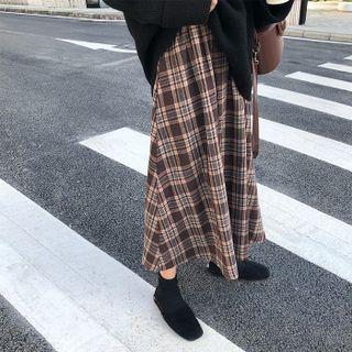 Plaid Midi A-line Skirt Plaid - Brown & Khaki - One Size