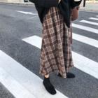 Plaid Midi A-line Skirt Plaid - Brown & Khaki - One Size