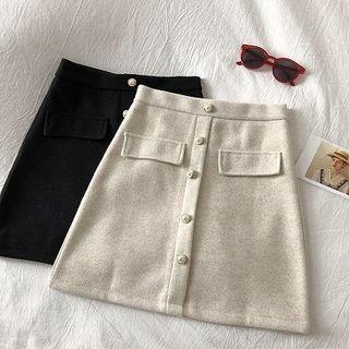 Plain Single-breasted Acrylic High-waist A-line Skirt