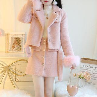 Set: Beaded Fleece Jacket + Button-front Skirt