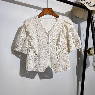 Short-sleeve Crochet Blouse Almond - One Size