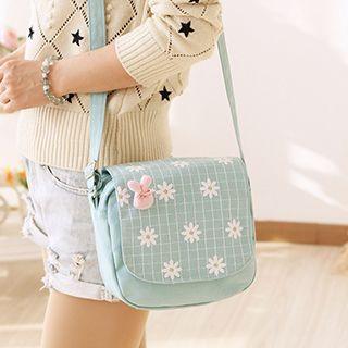 Floral Print Check Canvas Shoulder Bag