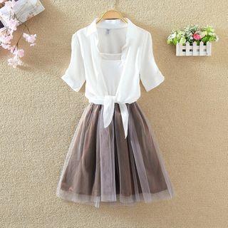 Set: Short-sleeve Tied Shirt + Spaghetti Strap Mesh Mini Dress