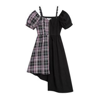 Short-sleeve Plaid Panel Cold-shoulder Mini Dress