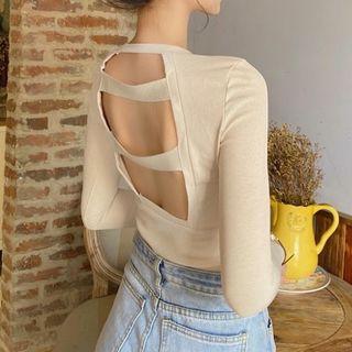 Long-sleeve Cutout Back Plain Top