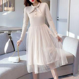 Long-sleeve Tie-neck Mesh-panel Dress