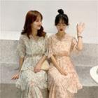 Elbow-sleeve Floral Chiffon A-line Midi Tiered Dress