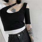Short-sleeve Round-neck Cropped Mock Two-piece Off-shoulder Top Black - One Size