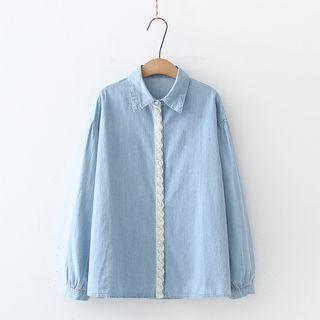 Lace Trim Denim Shirt Light Blue - One Size