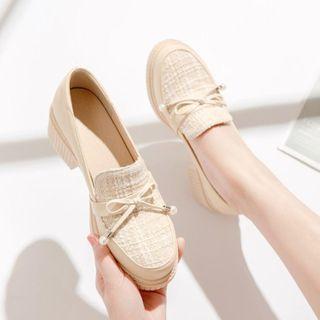 Bow Faux Leather Block Heel Loafers