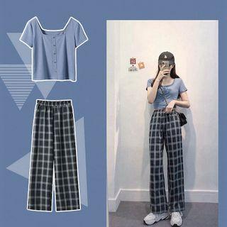 Set: Short-sleeve Top + Plaid Wide-leg Pants
