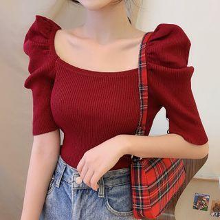 Puff-sleeve Square Neck Plain Slim Fit Ribbed Knit Top