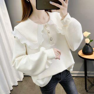 Peter Pan Collar Panel Wood Ear Trim Long-sleeve Top