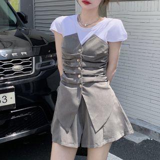 Mock Two-piece Short-sleeve Irregular Top / Shorts