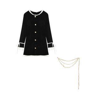 Long-sleeve Button-up Mini A-line Dress Black - One Size