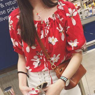 Floral Print Off Shoulder Elbow Sleeve Top
