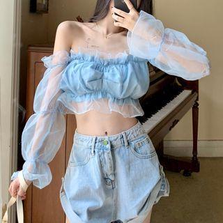Mesh Panel Off-shoulder Cropped Blouse Sky Blue - One Size