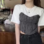 Short-sleeve Two-tone Cropped T-shirt Gray & White - One Size