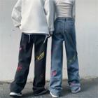 Musical Note Embroidered Straight Leg Jeans