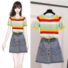 Short-sleeve Striped Knit Top / Denim Mini A-line Skirt / Set